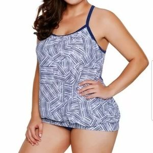 Women's Large White Navy Blue Print Tankini 2pcs